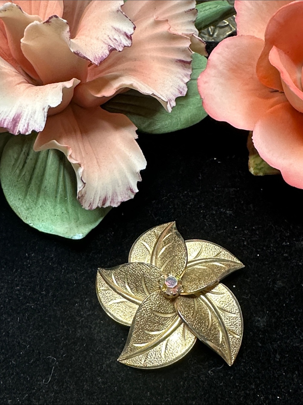 Gold Floral Leaf Brooch with Pink Crystal Accent